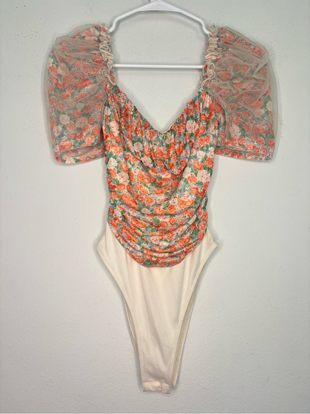 SHEIN DITSY FLORAL MESH ROUSCHED BODYSUIT SZ SMALL